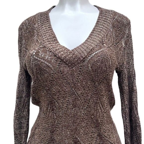 Liv Pullover Sweater Women's Medium Brown Heather Pointelle Knit V-neck - Picture 2 of 11